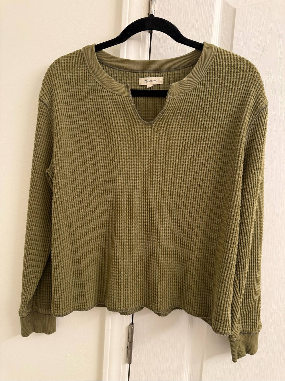 Madewell Cropped Waffle Knit Thermal Split Neck Top - Olive
